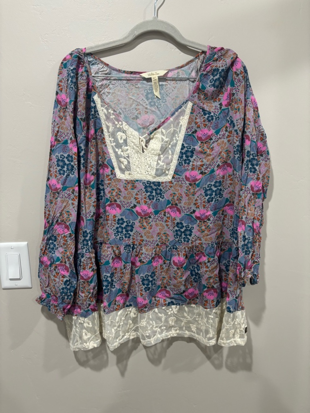 Matilda Jane Floral Lace-Paneled Peasant Tunic - Pink & Blue